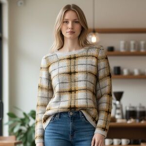 Olive & Oak Plaid Pullover Acrylic Sweater Crewneck Long Sleeves